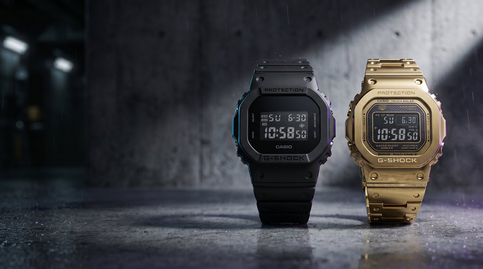 G-Shock square preto e Full Metal dourado no concreto