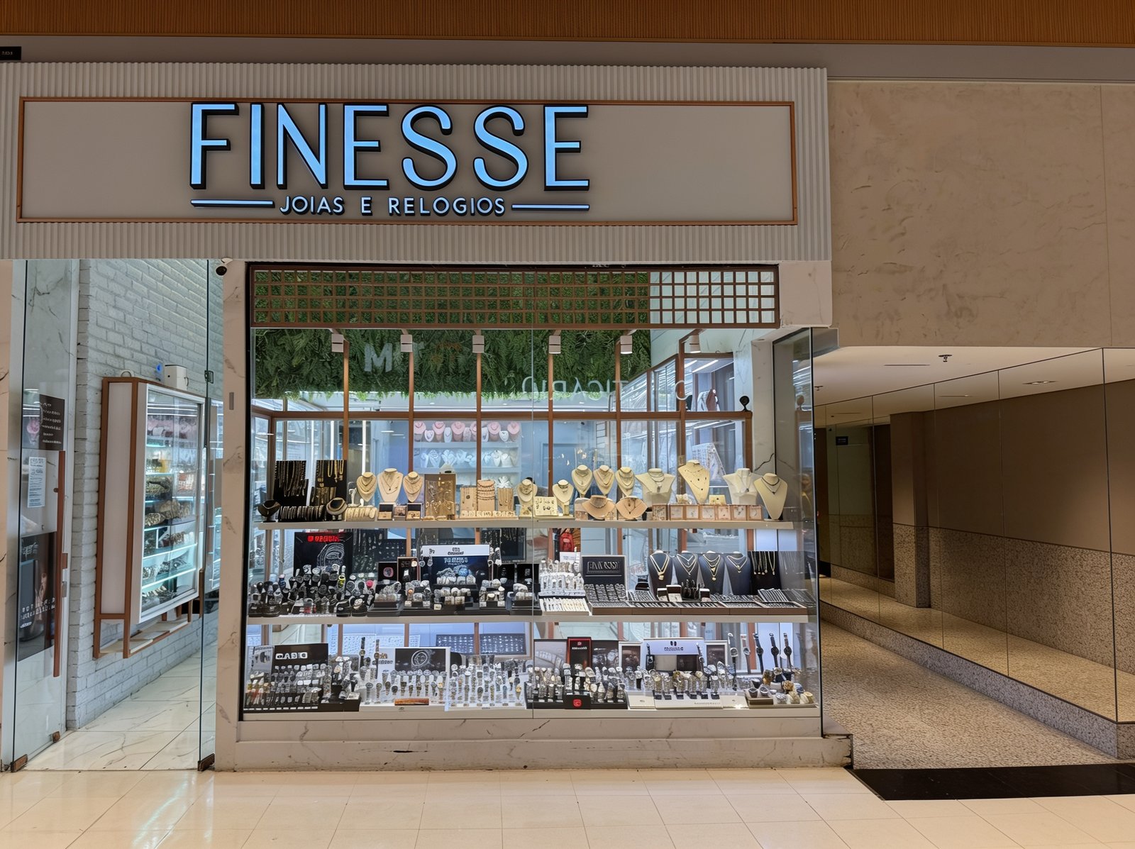 Fachada da loja Finesse Joias e Relógios no shopping em Campo Grande
